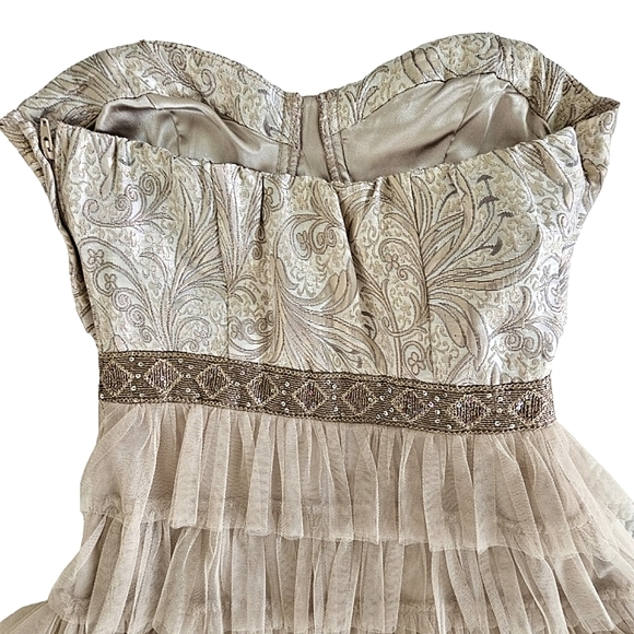 Inspire Me Strapless Taupe/Gold Tapestry Bow/Tiered Mesh Ruffle Party Dr… - Picture 12 of 17